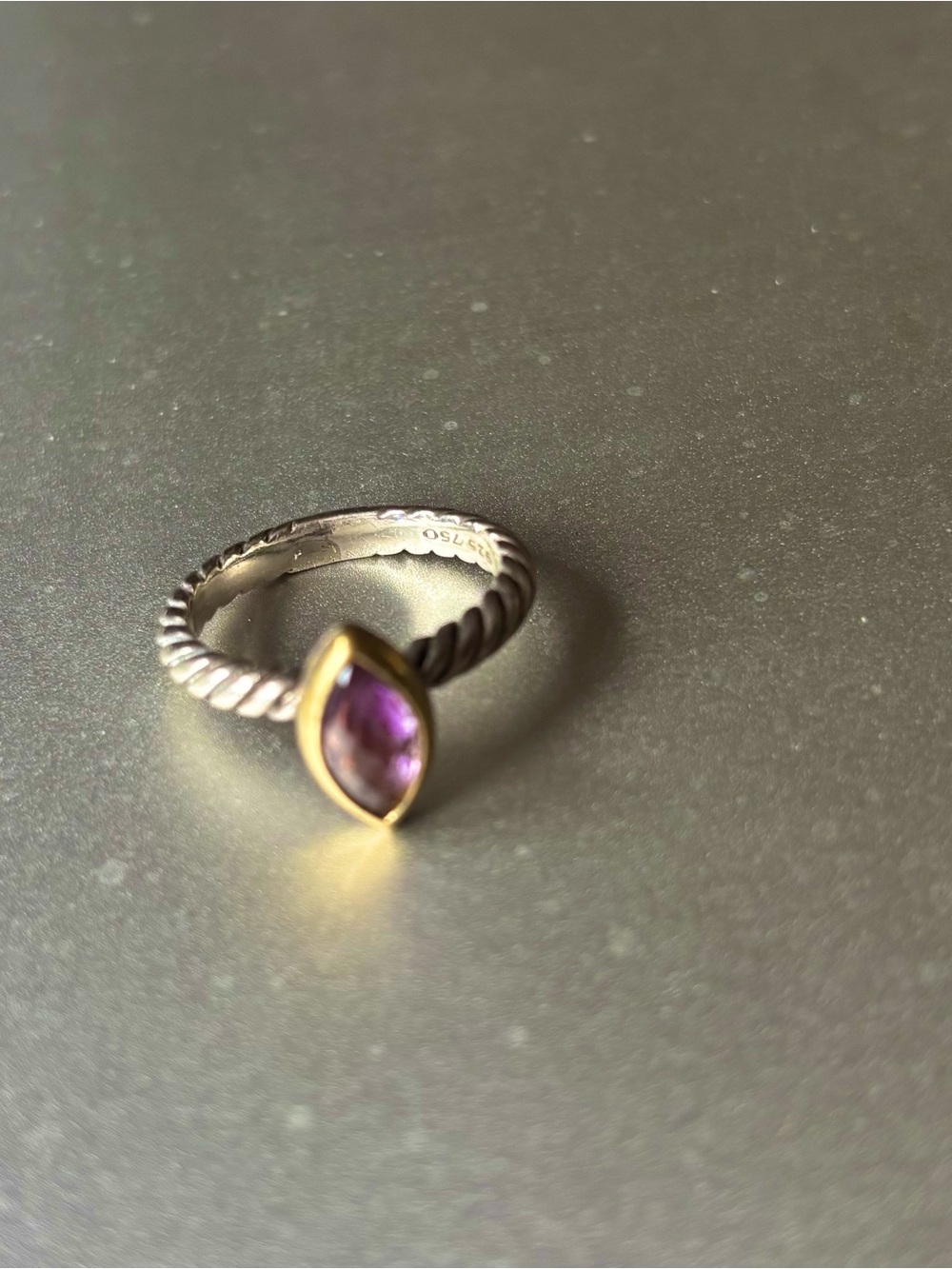 AuthenticDavid Yurman Silver Rope Ring with Purple Marquise Stone and Gold Bezel
